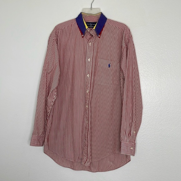 Vintage Ralph Lauren Contrast Collar Large Red Striped Cotton Button-Down Shirt - Picture 1 of 6